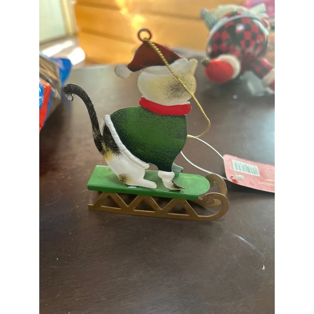 World Market Calico Cat on Sled Metal Christmas‎ Ornament Red Santa Hat Scarf